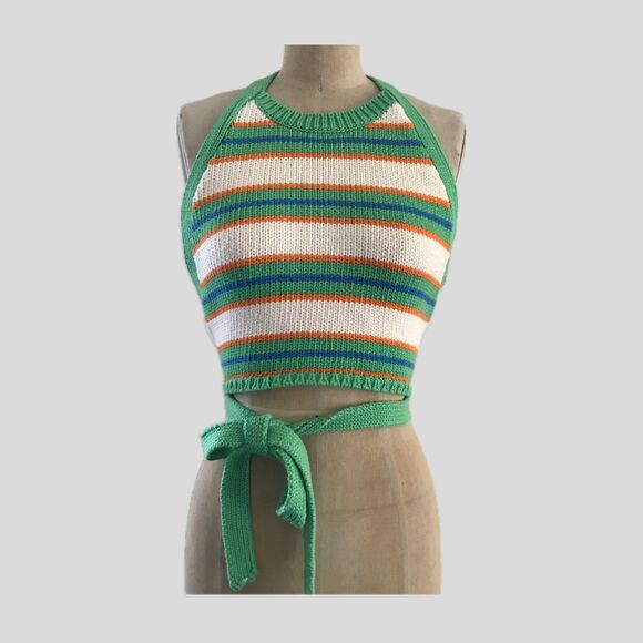 Zara Green Colorful Striped Cotton Cropped Backless Knit Halter Top - S - Picture 1 of 6